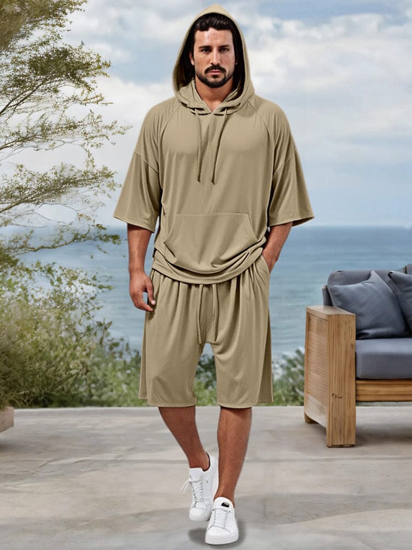Athleisure Drawstring Hoodie Shorts Set Sets coofandy Khaki M 