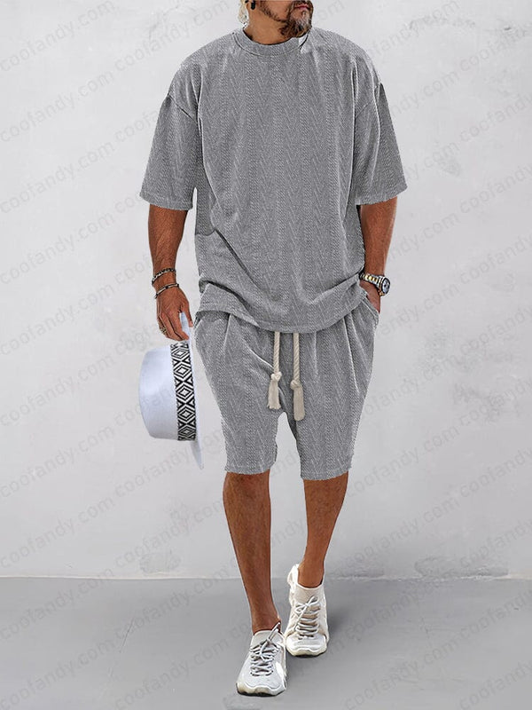 Casual Jacquard Knit 2-Piece Outfits Sports Set coofandy Gray M 