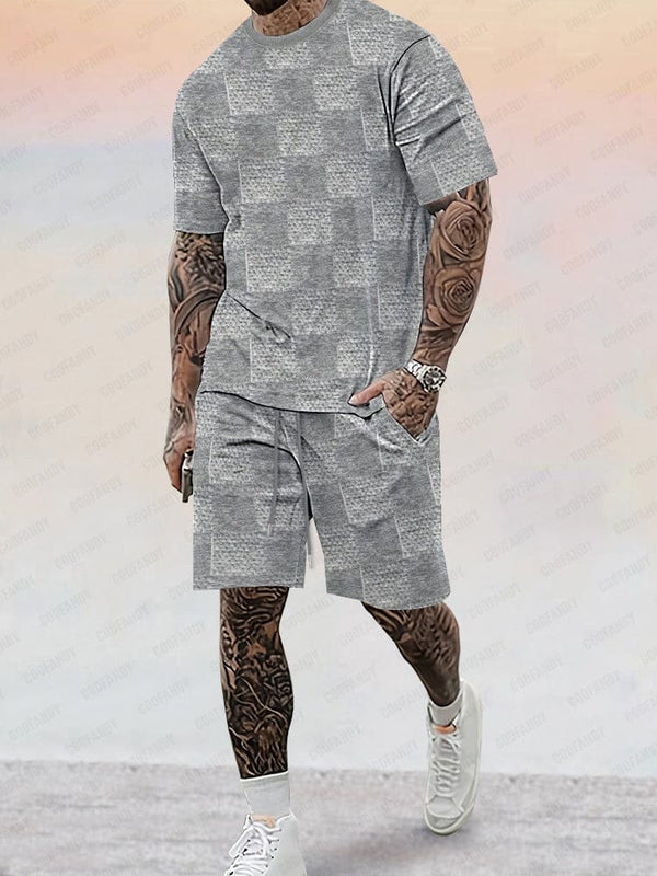 Casual Plaid Knit T-shirt Set Sets coofandy Grey M 
