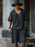 100% Cotton Long Sleeve Shirt Shorts Set Sets coofandy Black M 