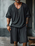 100% Cotton Long Sleeve Shirt Shorts Set Sets coofandy 
