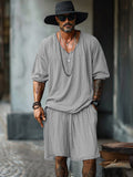 100% Cotton Long Sleeve Shirt Shorts Set Sets coofandy Grey M 
