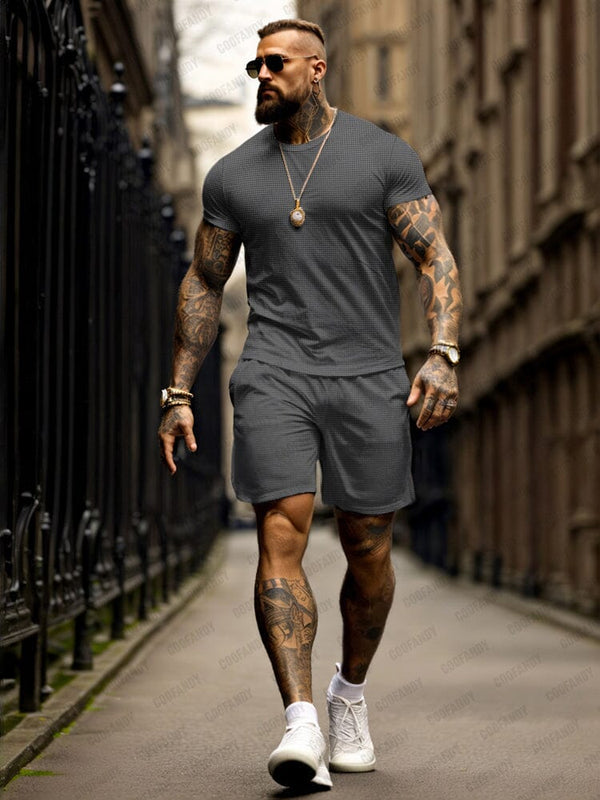 Athleisure Textured T-shirt Shorts Set Sets coofandy Gray M 