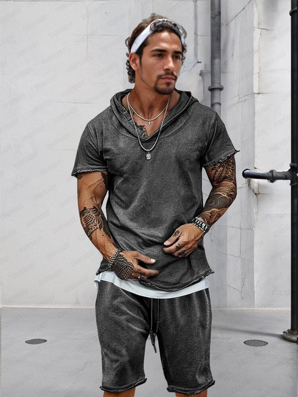Athleisure 100% Cotton Hoodie Shorts Set Sets coofandy Dark Grey M 