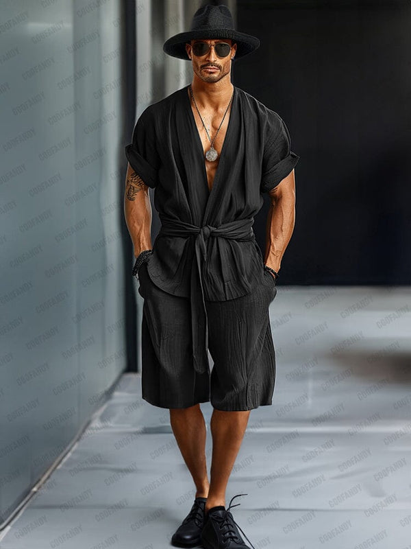 Stylish Lace-Up Shirt Shorts Set Sets coofandy Black M 
