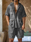Linen Blend Multi Pockets 2-Piece Outfits Sets coofandy Grey M 