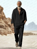 Casual Plain V-Neck Shirt Set Sets coofandy Black M 