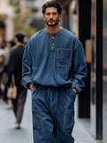 Vintage-Inspired Denim Cargo 2-Piece Set Sets coofandy 
