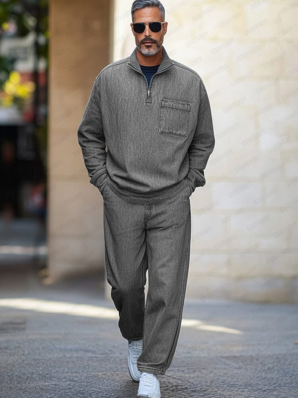 Athleisure 100% Cotton Denim Matching Set Sets coofandy Grey M 