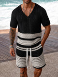 Casual Colorblock Stripe Crochet Knit Matching Set