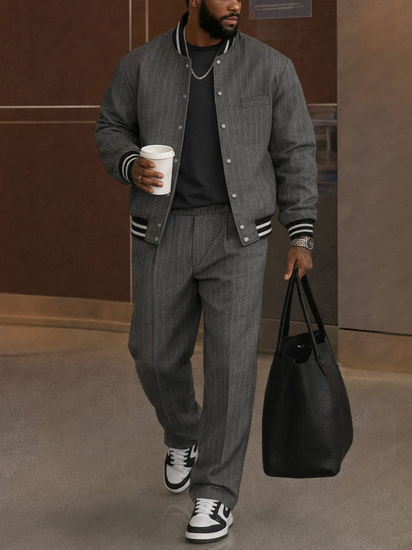 Casual Striped Bomber Jacket Pants Set