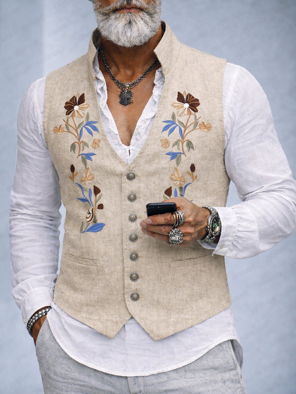 Elegant Cotton Linen Embroidered Vest