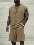 Casual Sleeveless Frog Button 2-Piece Set