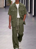 Casual Cuban Collar Utility Shirt Pants Set