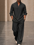 Modern Button Detail Stand Collar Shirt Pants Set