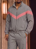 Sporty Plaided Contrast Color Jacket Pants Set