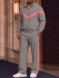 Sporty Plaided Contrast Color Jacket Pants Set