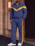 Sporty Plaided Contrast Color Jacket Pants Set
