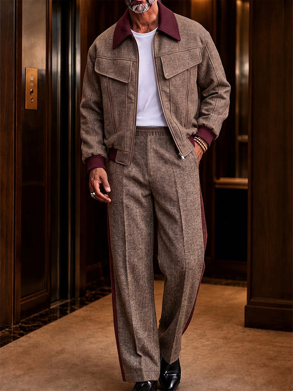 Retro Herringbone Color Block Jacket Pants Set