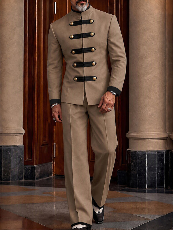 Military Style Mandarin Collar Zip Jacket Set