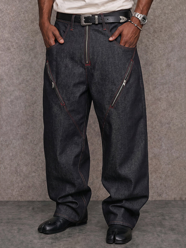 Urban Streetwear Contrast Stitch Jeans with Zip Detail