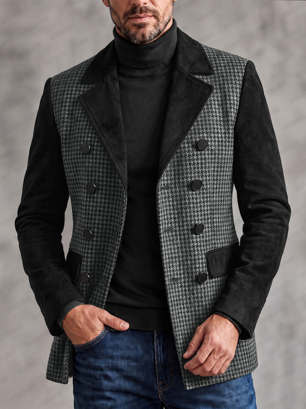 Smart Casual Suede Panels Houndstooth Blazer