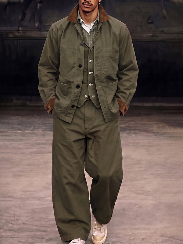 Retro Utility 100% Cotton Cargo Jacket Set