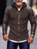 Style Hooded Pu Patchwork Knit Cardigan Jacket
