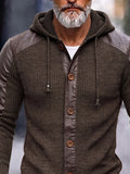 Style Hooded Pu Patchwork Knit Cardigan Jacket