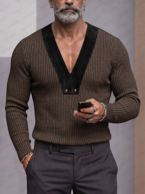 Casual Contrast V-Neck Knit Pullover Top