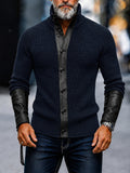 Streetwear Faux Leather Patchwork Knit Cardigan