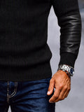 Fashion Faux Leather Patchwork Knit Polo Top