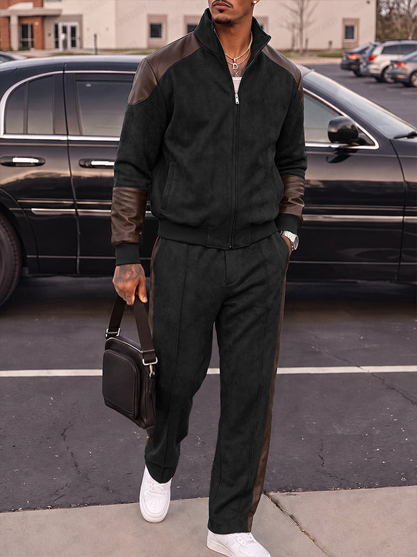Casual Faux Leather Panel Jacket Pants Set