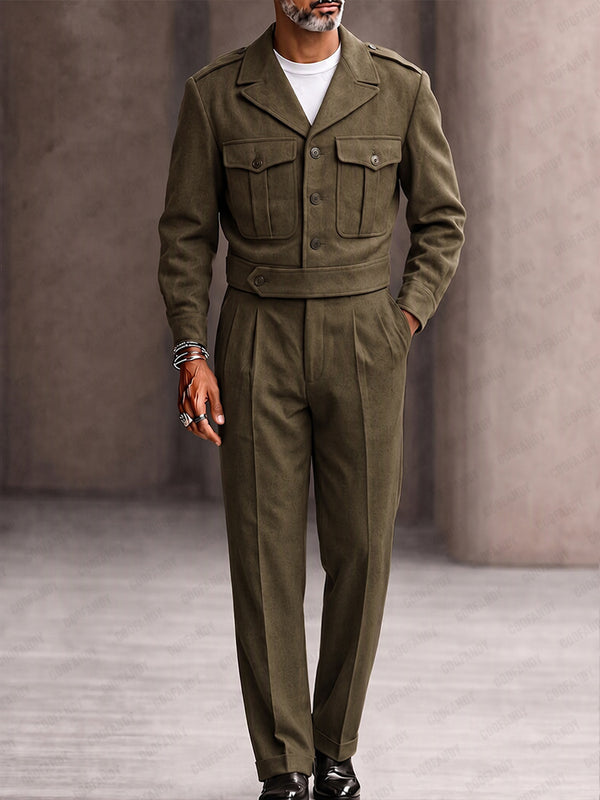 Retro Military Style Jacket and Pants Set