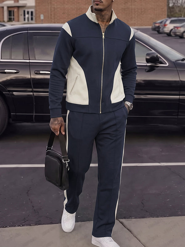 Casual Patchwork Zip-Up Sports Jacket Set