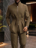 Refined Cinched Waist Mandarin Collar Jacket Set