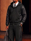 Smart Casual Faux Leather Paneled Hood Jacket Set