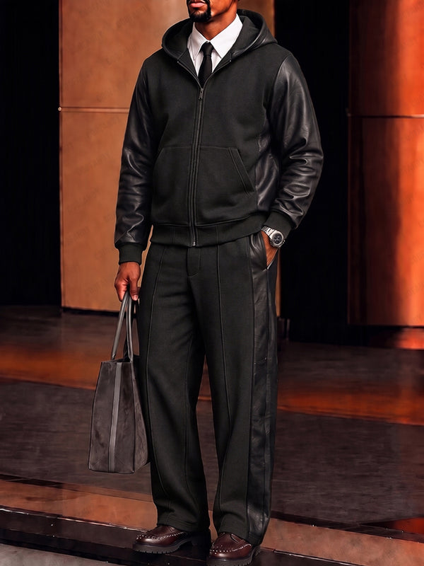 Smart Casual Faux Leather Paneled Hood Jacket Set