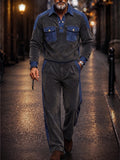 Retro Denim-Look Velvet Patchwork 2-Piece Set
