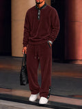 Casual PU Leather Panel Corduroy Matching Set