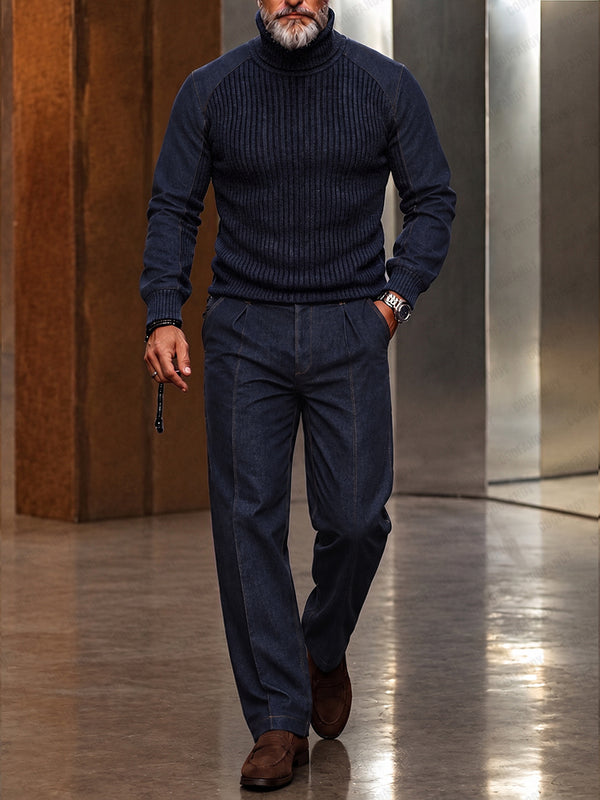 Stylish Knit Panel Denim Look Turtleneck Top Pants Set
