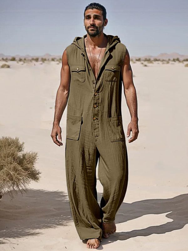 Stylish 100% Cotton Sleeveless Hooded Jumpsuit Sets coofandy Army Green M 
