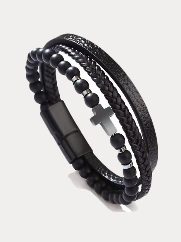 Multi-Layer Design Leather Cross Bracelet