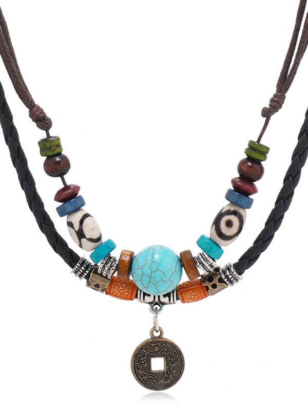 Boho Layered Turquoise Beaded Pendant Necklace