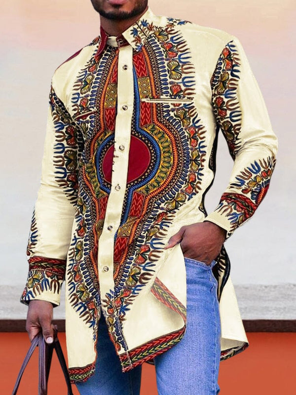 Ethnic style Graphic Long Shirt Shirts coofandystore Beige M 