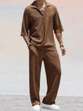 Casual Water Ripple Textured Shirt Set Sets coofandy Brown M 