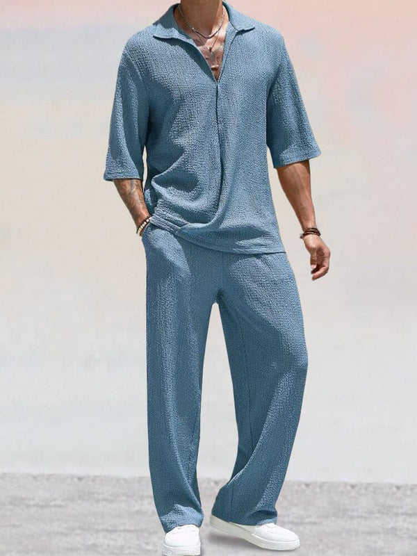 Casual Water Ripple Textured Shirt Set Sets coofandy Blue M 