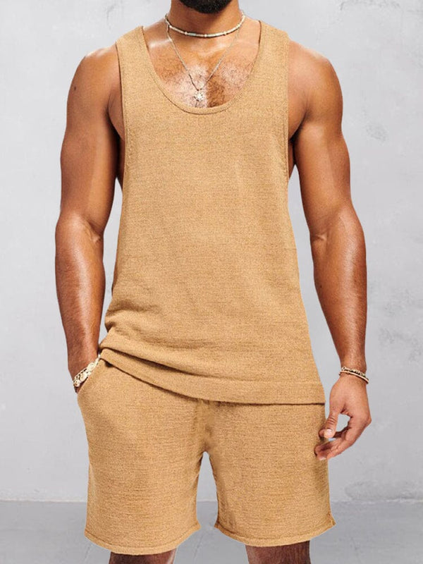 Soft Knit Tank Top Shorts Set Sets coofandy Khaki M 