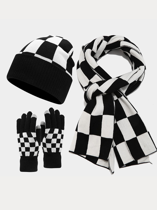 Cozy Checked Beanie Hat Scarf Gloves 3-in-1 Set