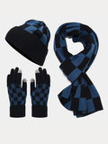 Cozy Checked Beanie Hat Scarf Gloves 3-in-1 Set